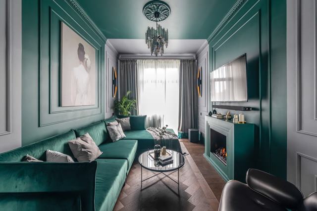 decoração de sala de estar estreita de cor verde