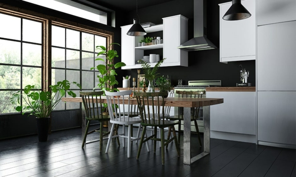 beyaz mutfak hangi duvar rengi siyah duvarlar bitki süslü yemek masası