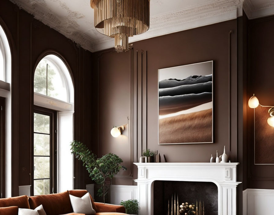 kahverengi ile boyanmış duvarlı Oturma Odası