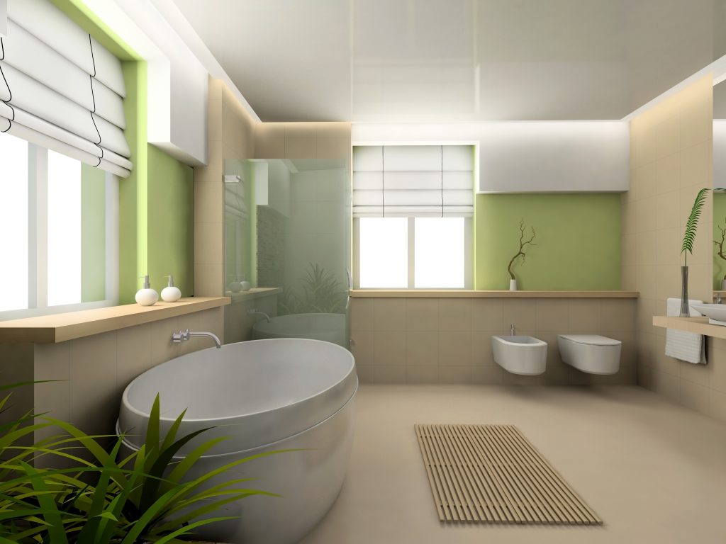 yeşil ile birleşen bej banyo