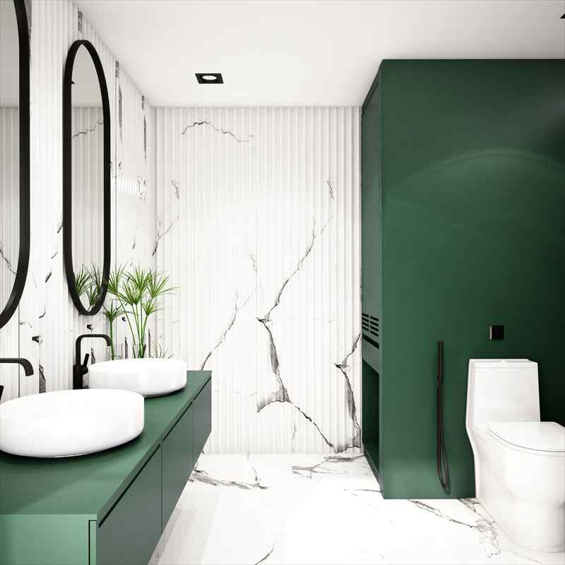 yeşil mobilyalı beyaz banyo