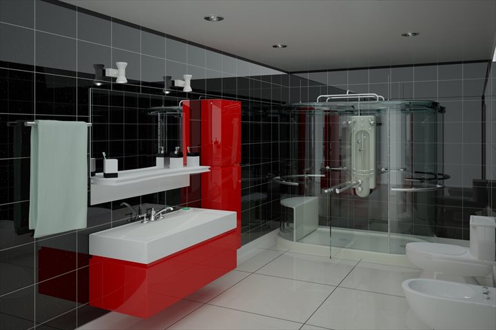 kırmızı mobilyalı siyah banyo