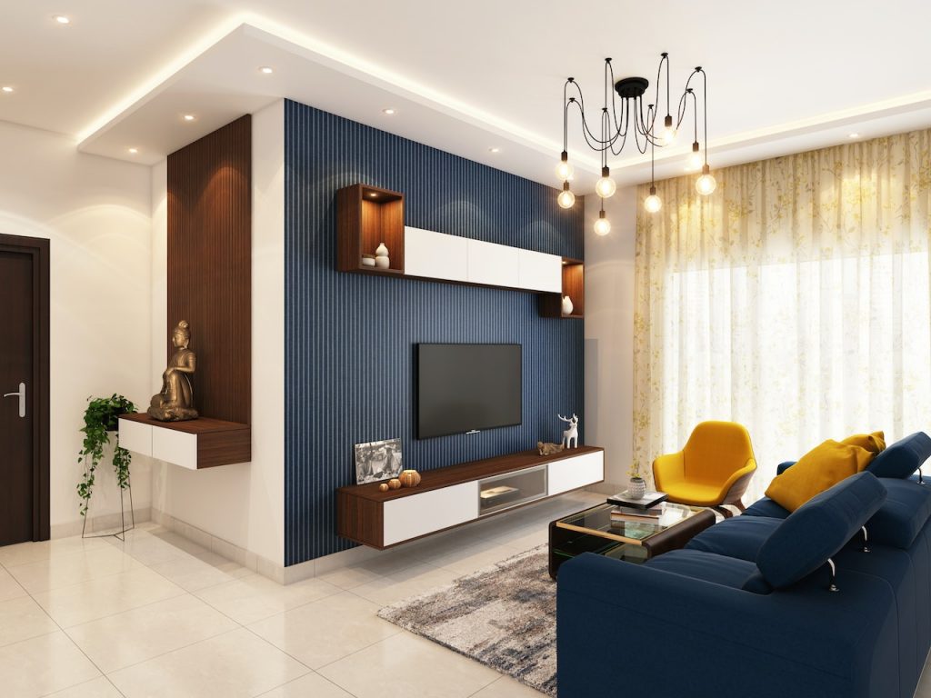 Wohnzimmer weiße Wände mit blauen