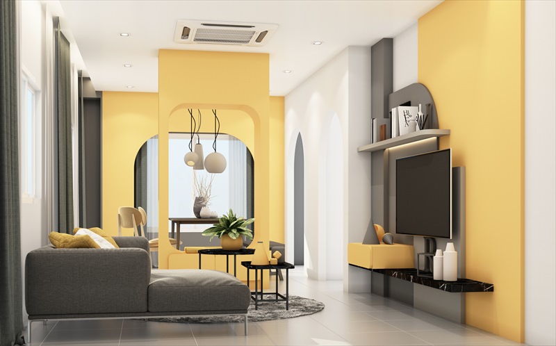 Modernes Wohnzimmer mit weißen und gelben Wänden