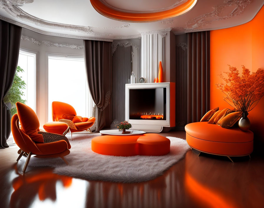 Sala de estar moderna e elegante com interior pintado em laranja claro 2024